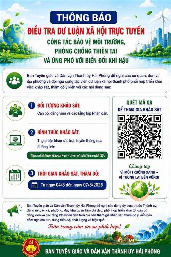 KÍNH MỜI THAM GIA KHẢO SÁT TRỰC TUYẾN VỀ BẢO VỆ MÔI TRƯỜNG PHÒNG CHỐNG THIÊN TAI VÀ  ỨNG PHÓ VỚI BIẾN ĐỔI KHÍ HẬU