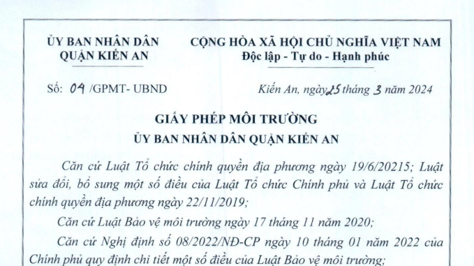 Giấy phép môi trường số 04/GPMT-UBND ngày 25/3/2024 của UBND quận Kiến An cấp cho Công ty Cổ phần Thương mại và sản xuất Ban Mai