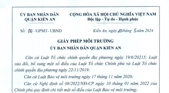 Giấy phép môi trường số 06/GPMT-UBND ngày 10/5/2024 của UBND quận Kiến An cấp cho Công ty TNHH thương mại xăng dầu Hồng Minh