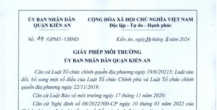 Giấy phép môi trường số 07/GPMT-UBND ngày 27/5/2024 của UBND quận Kiến An cấp cho Hộ kinh doanh Hoàng Bách Việt